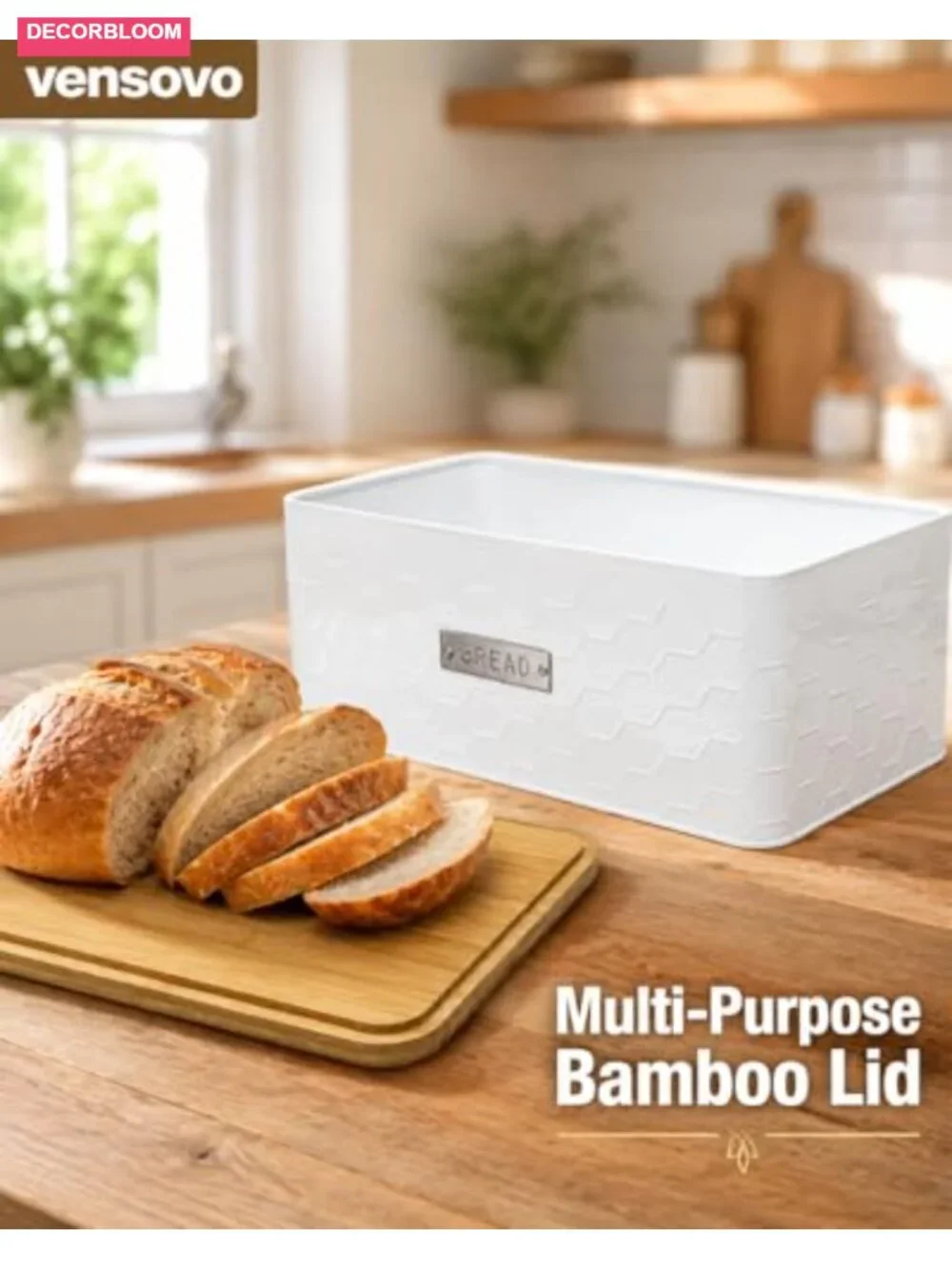 White Metal Bread Box with Bamboo Cutting Board Lid
